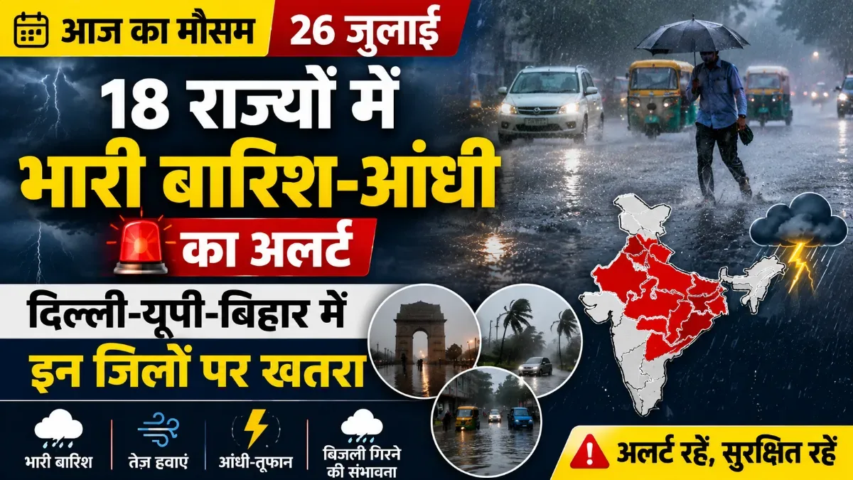 आज का मौसम 26 जुलाई | 18 राज्यों में भारी बारिश